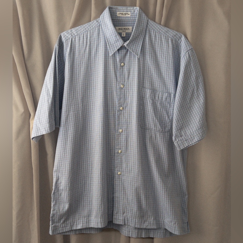Balmain Paris Light Blue Micro-Check Short Sleeve Button-Up Shirt | Size L